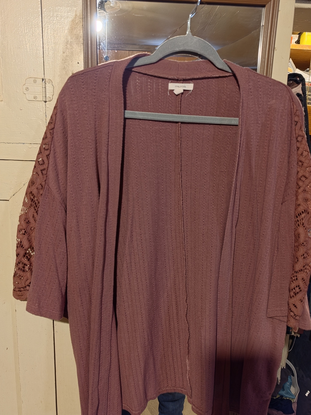 Maurices Lace-Sleeve Open Front Cardigan - Dusty Plum